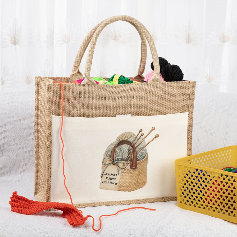 Sac de jute à tricoter personnalisé, sac fourre-tout, grand sac à tricoter, sac à lunch, rangement à tricoter, cadeau de tricot, cadeau pour maman/grand-mère/amateurs de tricot