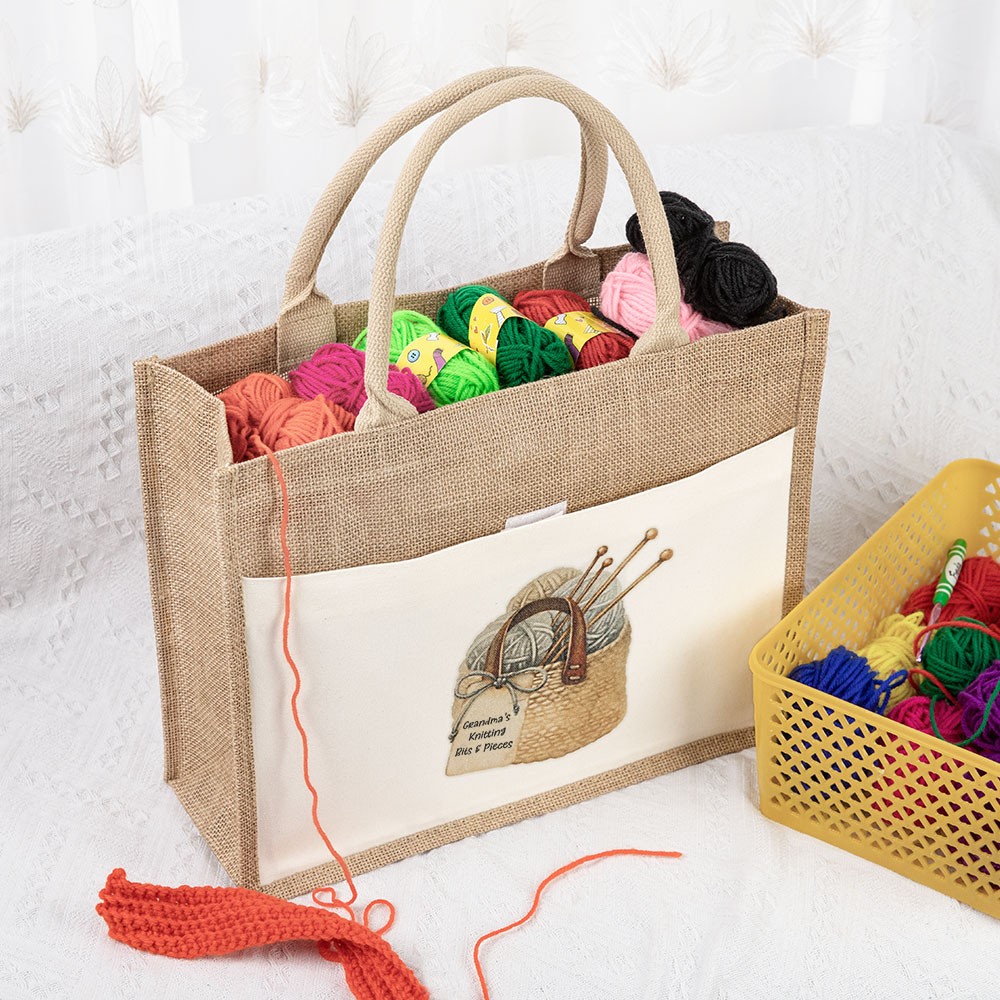 Sac de jute à tricoter personnalisé, sac fourre-tout, grand sac à tricoter, sac à lunch, rangement à tricoter, cadeau de tricot, cadeau pour maman/grand-mère/amateurs de tricot