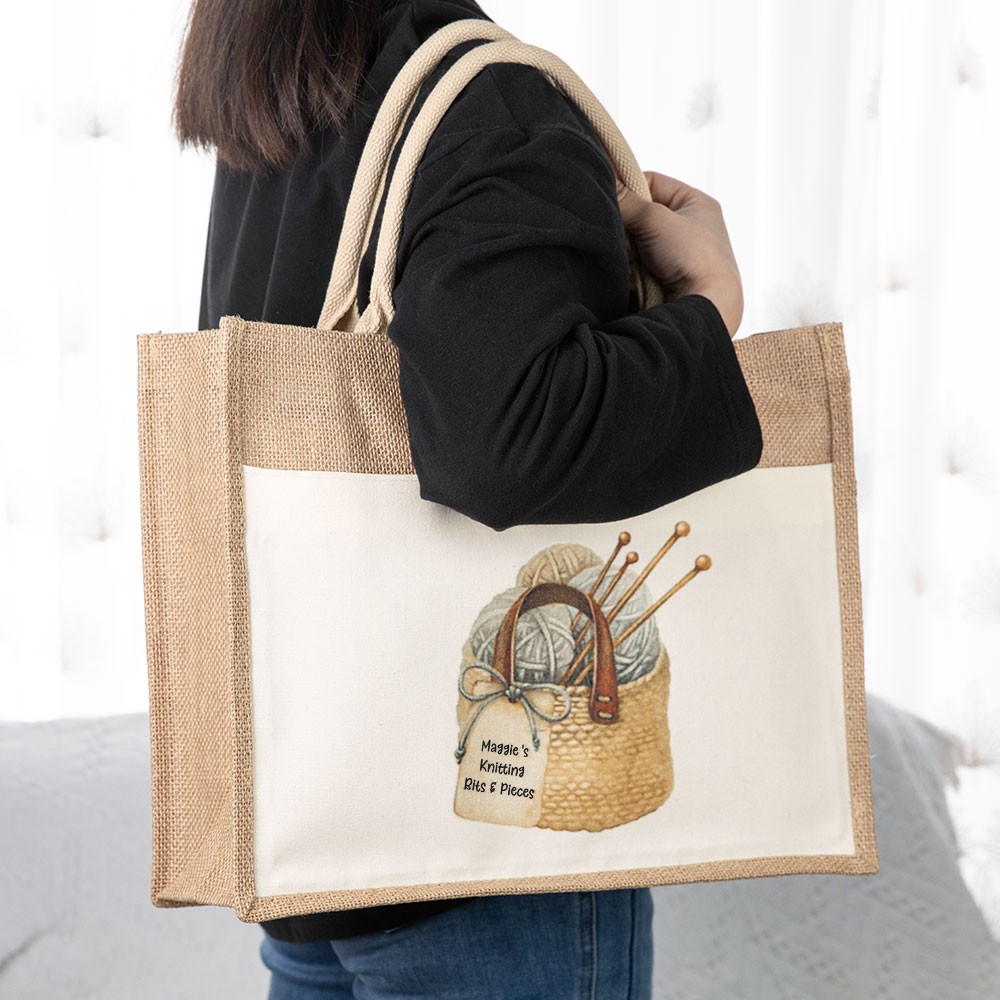 Sac de jute à tricoter personnalisé, sac fourre-tout, grand sac à tricoter, sac à lunch, rangement à tricoter, cadeau de tricot, cadeau pour maman/grand-mère/amateurs de tricot