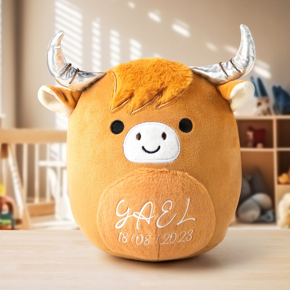 Nom personnalisé Jouet en peluche de vache des Highlands, peluches de vache moelleuses brunes douces, oreiller d'animal en peluche de vache des Highlands, décor de chambre de vache, cadeau pour les enfants