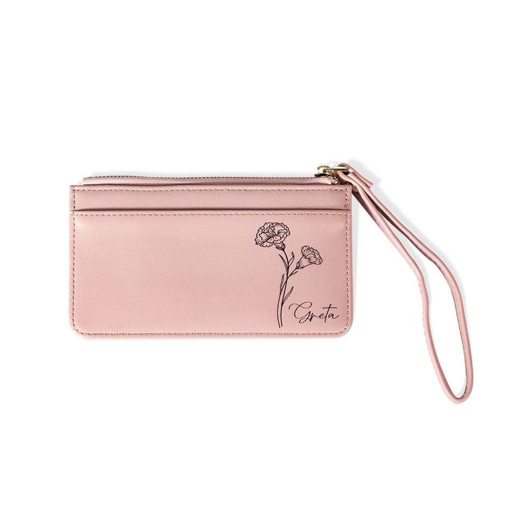 Personalized Birth Flower Zipped Card Holder with Name, Monogram Vegan Leather Coin Purse, Women's Wallet, Mother's Day/Bridesmaid Gift for Women