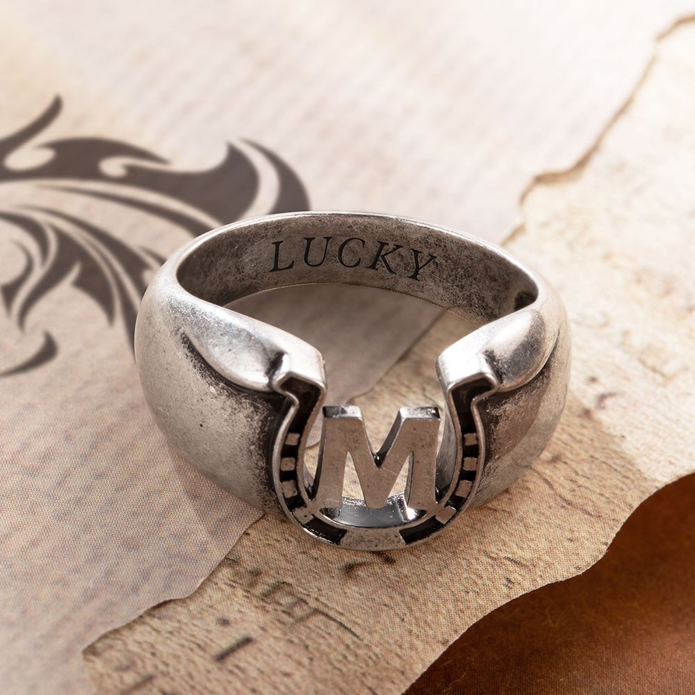 Customized Initial Horseshoe Men's Ring with Engraved Text, Father's Day Birthday Gift for Him, Horse Riders