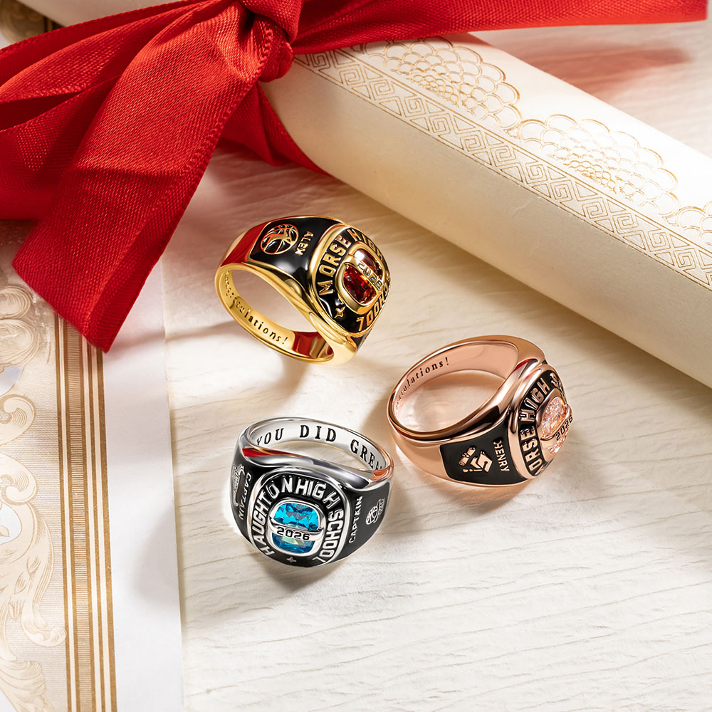 Custom Birthstone Class Ring with Engraved Text, High School