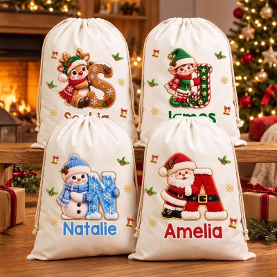 Custom Name Santa Claus/Snowman/Reindeer/Elf Alphabet Christmas Gift Bag, Large Capacity Canvas Santa Sack with Drawstring, Christmas Gift for Kids