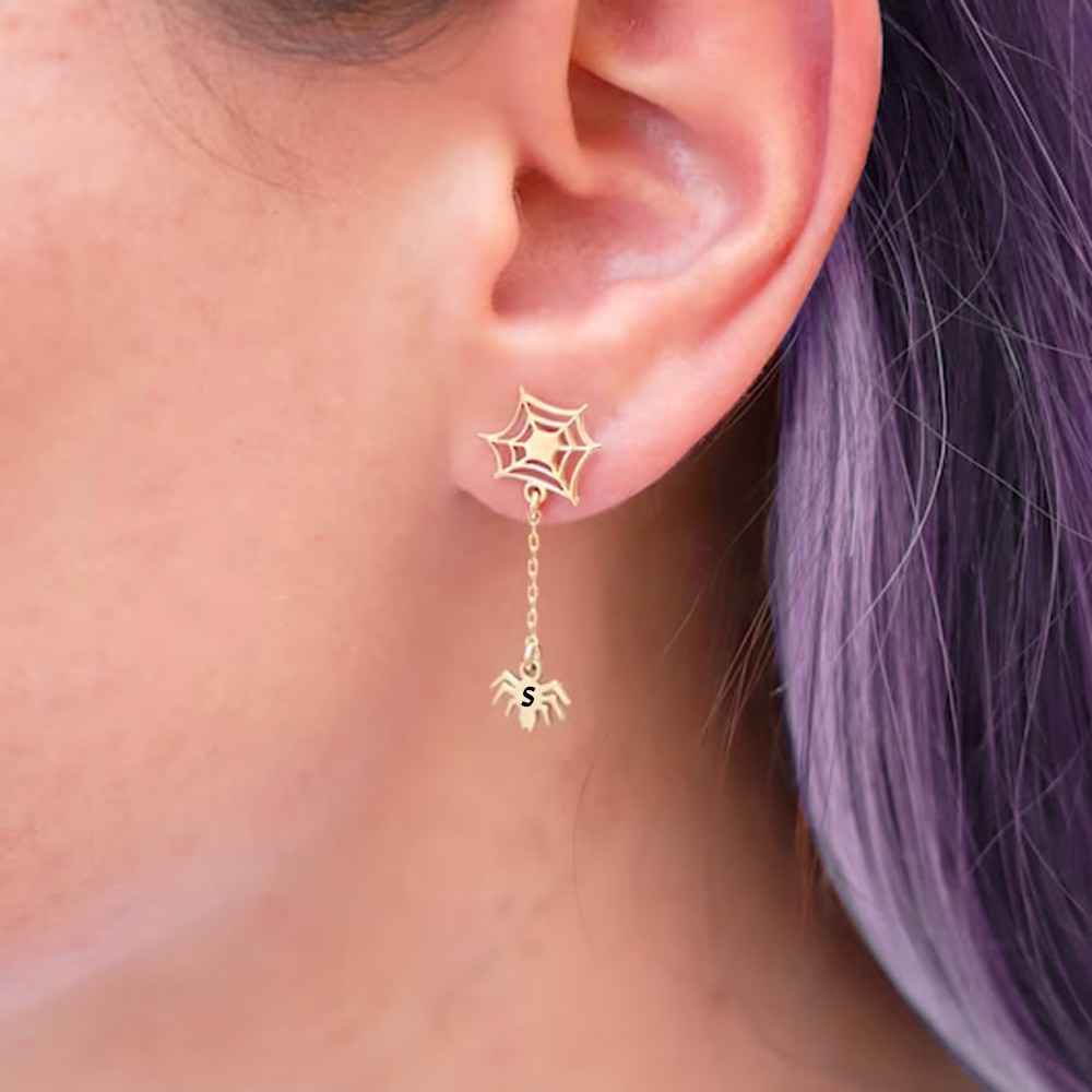 Boucles d'oreilles/colliers Halloween araignées et toiles d'araignées initiales personnalisables, boucles d'oreilles toile d'araignée de style vintage, cadeaux de colliers de bijoux gothiques