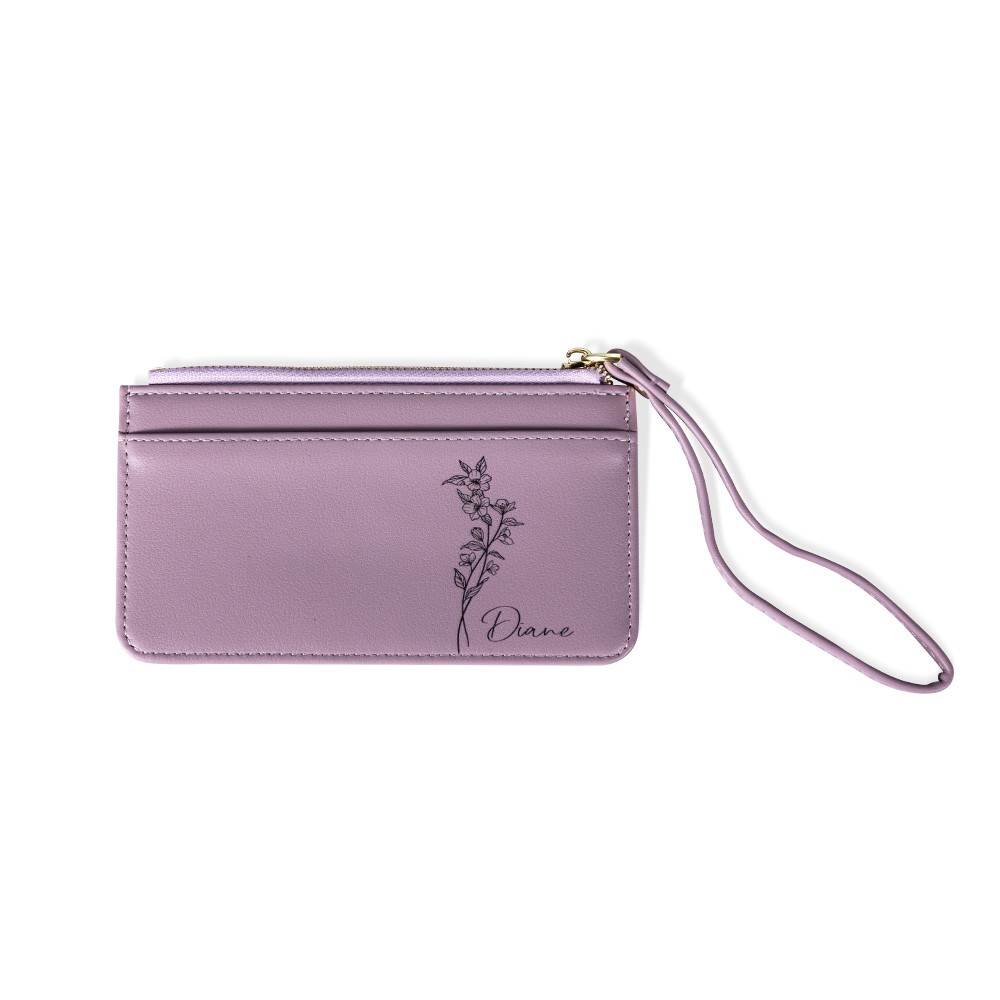 Personalized Birth Flower Zipped Card Holder with Name, Monogram Vegan Leather Coin Purse, Women's Wallet, Mother's Day/Bridesmaid Gift for Women