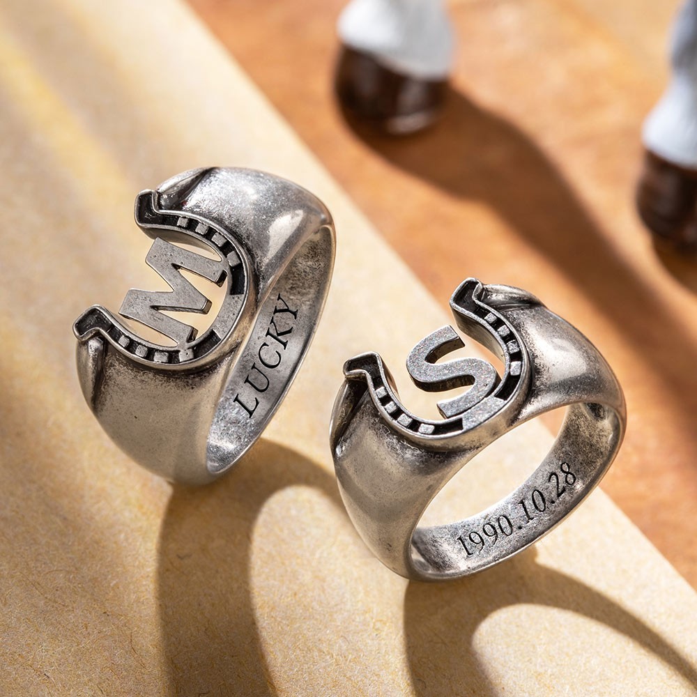 Customized Initial Horseshoe Men's Ring with Engraved Text, Father's Day Birthday Gift for Him, Horse Riders