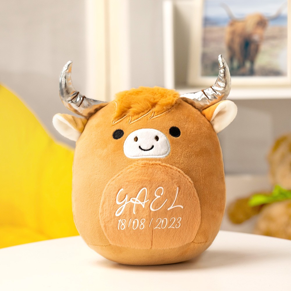 Nom personnalisé Jouet en peluche de vache des Highlands, peluches de vache moelleuses brunes douces, oreiller d'animal en peluche de vache des Highlands, décor de chambre de vache, cadeau pour les enfants