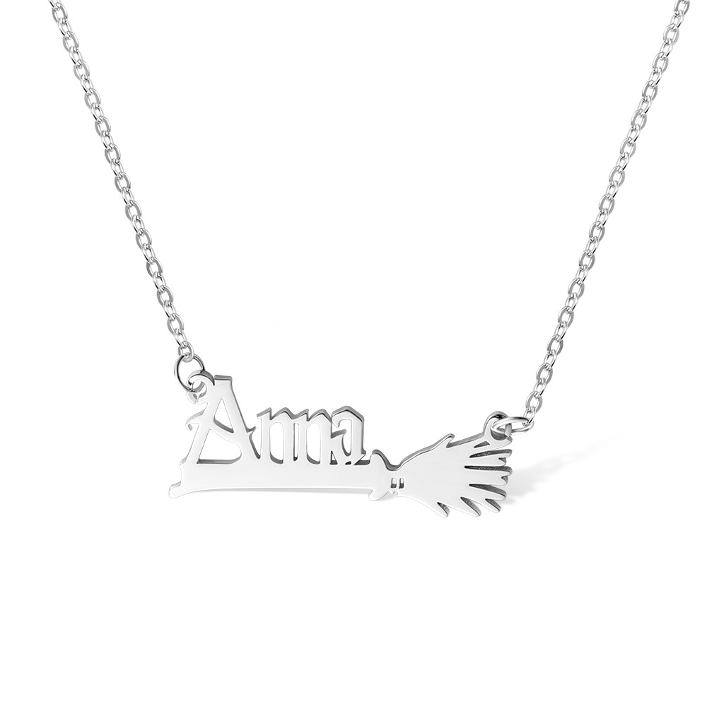 Custom Name Witch Broom Necklace, Magic Broom Name Pendant Chain, Sterling Silver 925 Jewelry, Birthday/Christmas/Anniversary Gift for Women/Girls