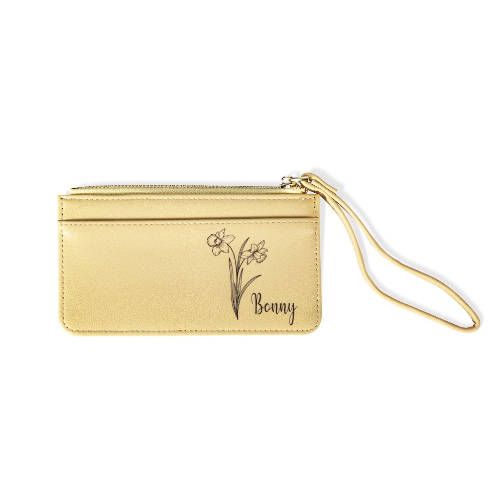 Personalized Birth Flower Zipped Card Holder with Name, Monogram Vegan Leather Coin Purse, Women's Wallet, Mother's Day/Bridesmaid Gift for Women