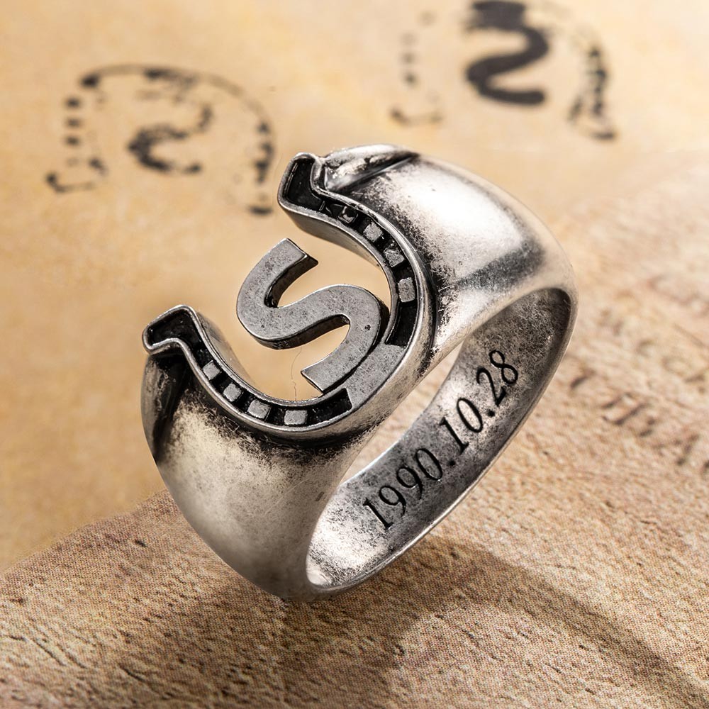 Customized Initial Horseshoe Men's Ring with Engraved Text, Father's Day Birthday Gift for Him, Horse Riders