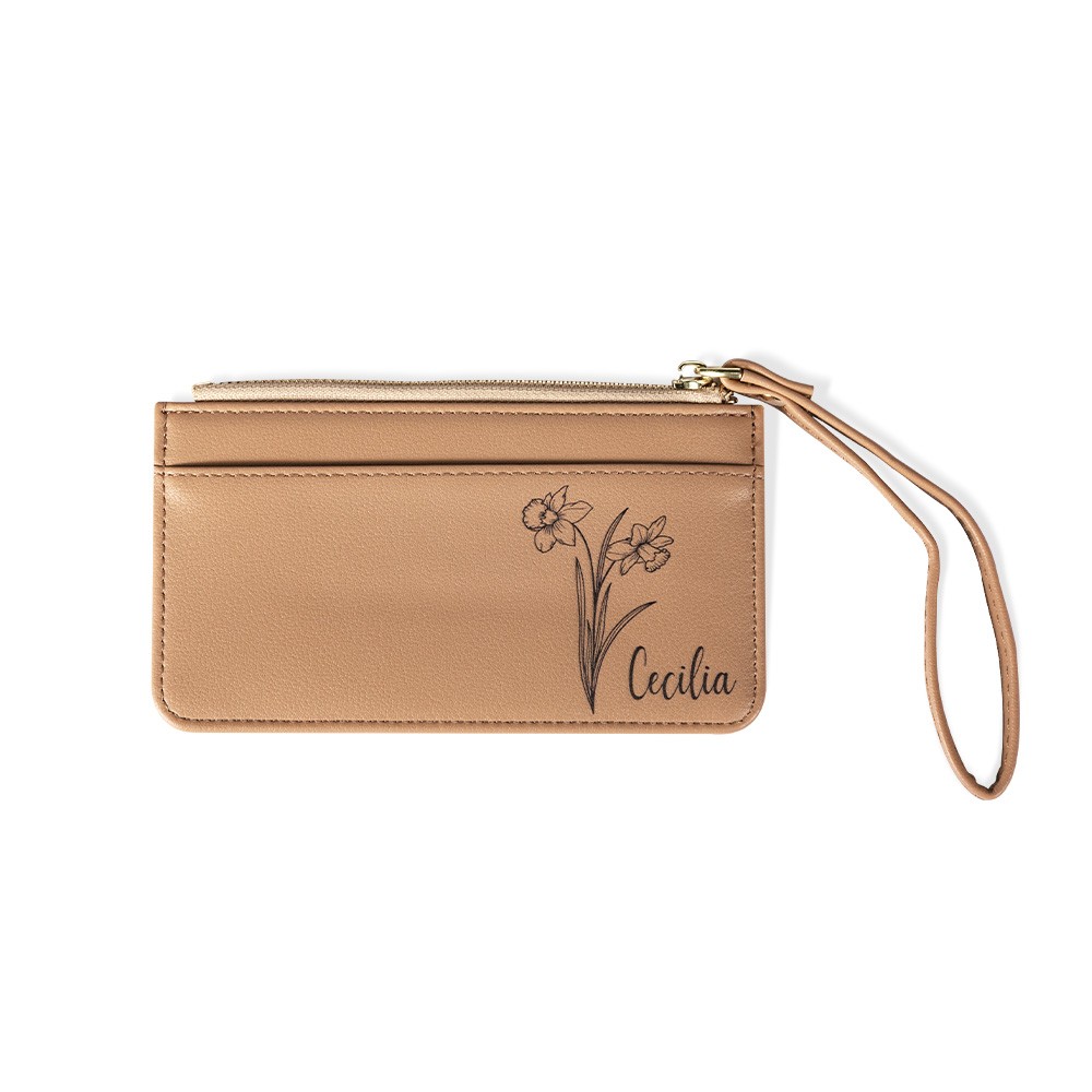 Personalized Birth Flower Zipped Card Holder with Name, Monogram Vegan Leather Coin Purse, Women's Wallet, Mother's Day/Bridesmaid Gift for Women