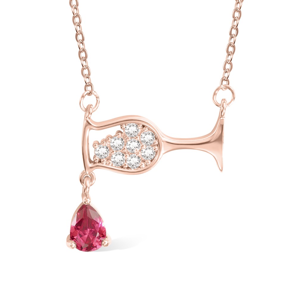 Wine Glass Ruby Birthstone Necklace, Wine Bottle Cup Cubic Zircon Pendant Necklace, Birthday Gift for Women/Wine Lover/Bartender