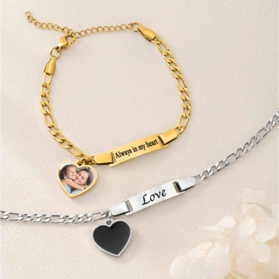 Personalized Heat-Activated Heart Charm Hidden Photo Bracelet with Engraved Text, Dainty Jewelry, Birthday/Anniversary/Memorable Gift for Women