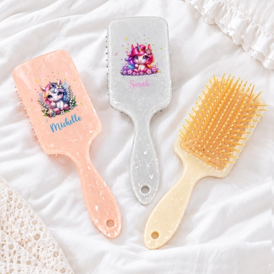 Personalized Birth Flower Fantasy Unicorn Hair Brush with Name, Detangling Massage Comb, Hair Care Essential, Birthday/Christmas Gift for Women/Girls
