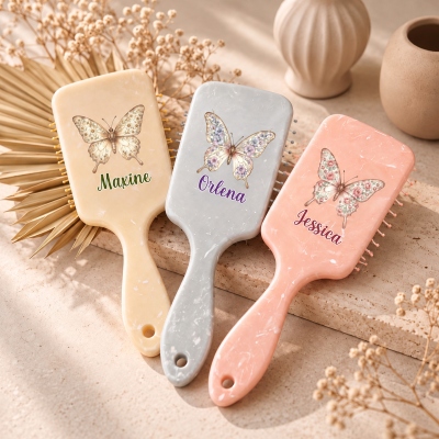 Personalized Birth Flower Butterfly Hair Brush with Name, Detangling Massage Comb, Hair Care Essential, Birthday/Wedding Gift for Women/Bridesmaids