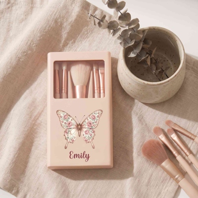 Personalized Name Birth Flower Butterfly 5PCS Makeup Brushes Box Set with Mirror, Travel Accessories, Birthday/Wedding Gift for Women/Bridesmaids