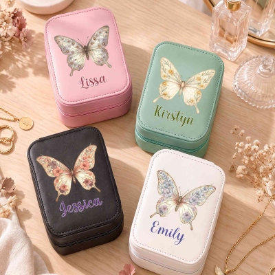 Custom Name Birth Flower Butterfly Leather Makeup Storage Box with Three-Color LED Light Mirror, Travel Jewelry Case, Birthday Gift for Women/Girls