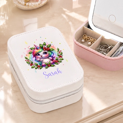 Custom Name Birth Flower Fantasy Unicorn Makeup Storage Box with Three-Color LED Light Mirror, PU Leather Travel Jewelry Case, Birthday Gift for Girls