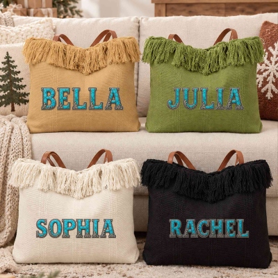 Personalized Name Turquoise Silver Scrollwork Alphabet Fringe Tote Bag, Canvas Commuter Handbag with Leather Handles, Birthday Gift for Cowgirls/Women