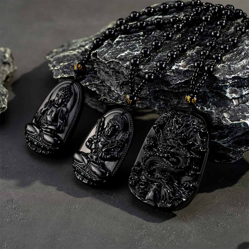 Collier de Bouddha en obsidienne noire, pendentif de Bouddha en obsidienne, collier en obsidienne noire, collier de chance, collier de dragon de prospérité