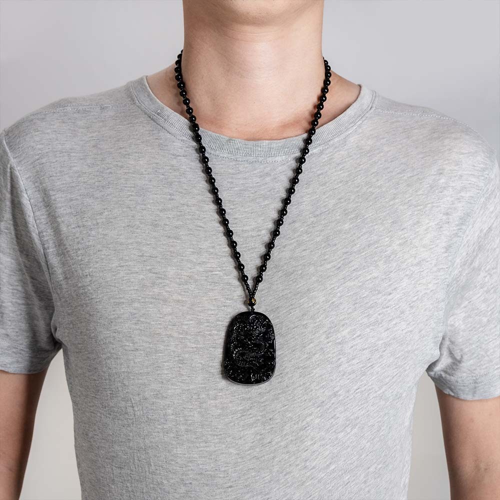 Collier de Bouddha en obsidienne noire, pendentif de Bouddha en obsidienne, collier en obsidienne noire, collier de chance, collier de dragon de prospérité
