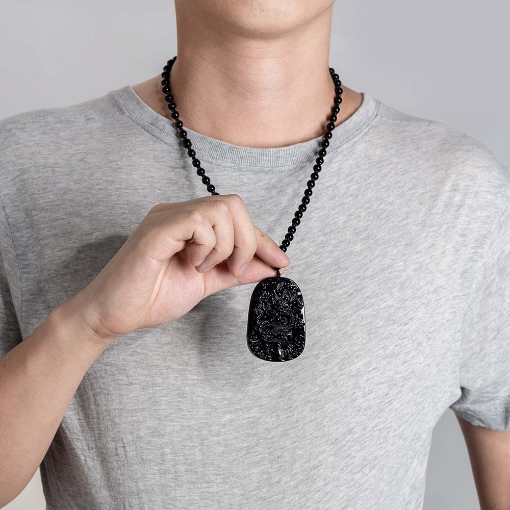 Collier de Bouddha en obsidienne noire, pendentif de Bouddha en obsidienne, collier en obsidienne noire, collier de chance, collier de dragon de prospérité