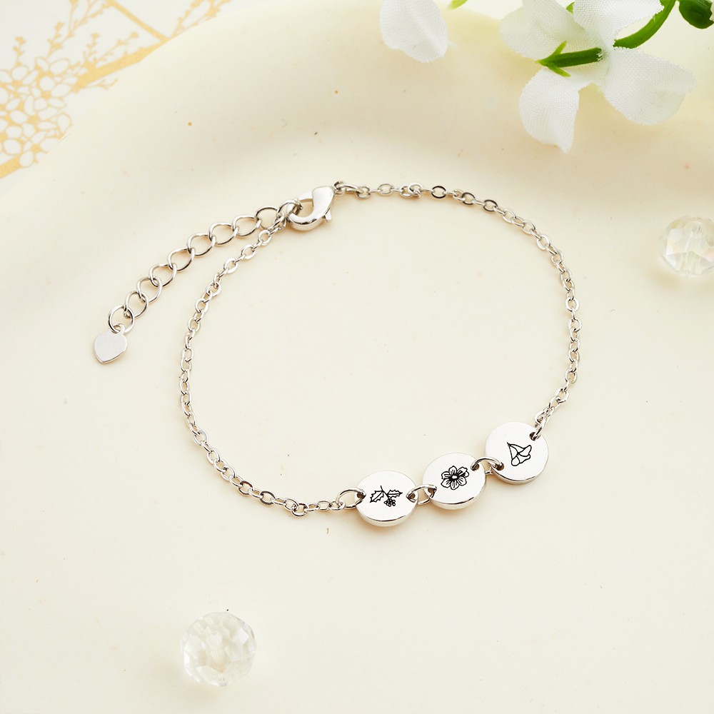 Custom Multi Birth Flower Tiny Charm Bracelet, Birthflower Disc Bracelet for Women, Family Bracelet, Birthday/Mother's Day Gift for Mom/Wife/Grandma