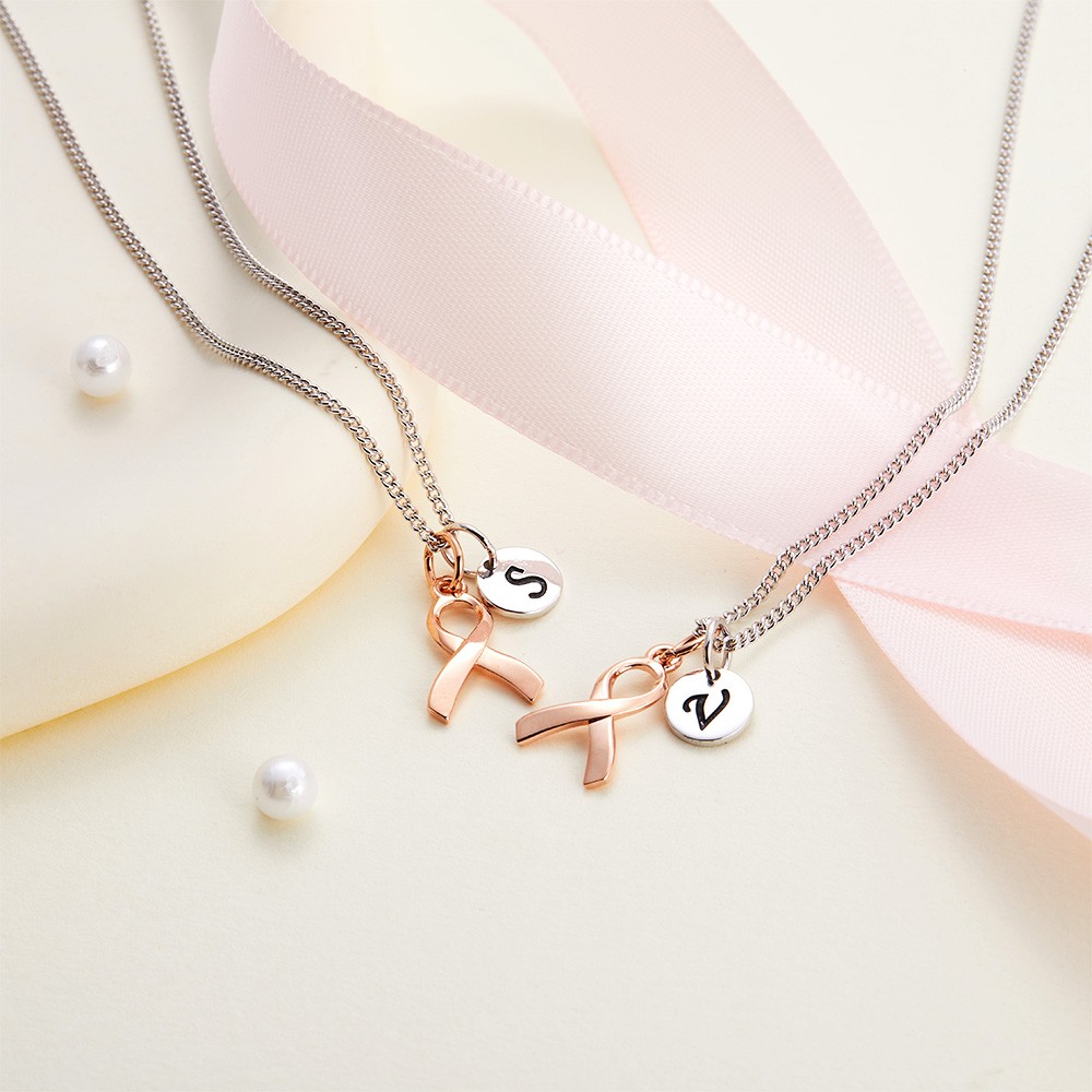 Collier personnalisé de survivante du cancer du sein initial en argent sterling, collier de ruban rose de sensibilisation, cadeaux de survivante du cancer pour les femmes