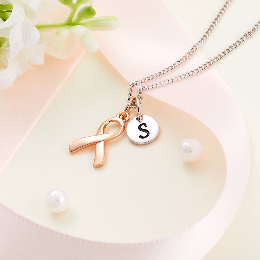 Collier personnalisé de survivante du cancer du sein initial en argent sterling, collier de ruban rose de sensibilisation, cadeaux de survivante du cancer pour les femmes