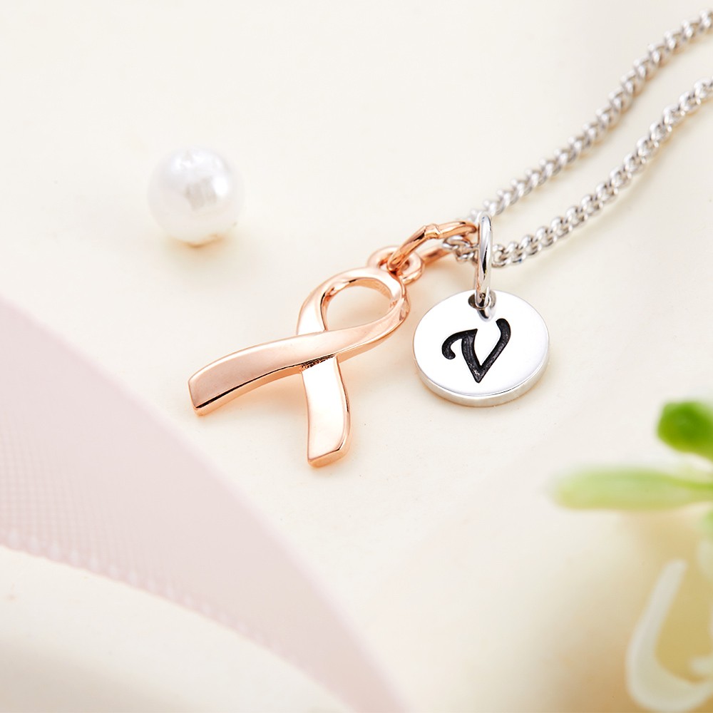 Collier personnalisé de survivante du cancer du sein initial en argent sterling, collier de ruban rose de sensibilisation, cadeaux de survivante du cancer pour les femmes