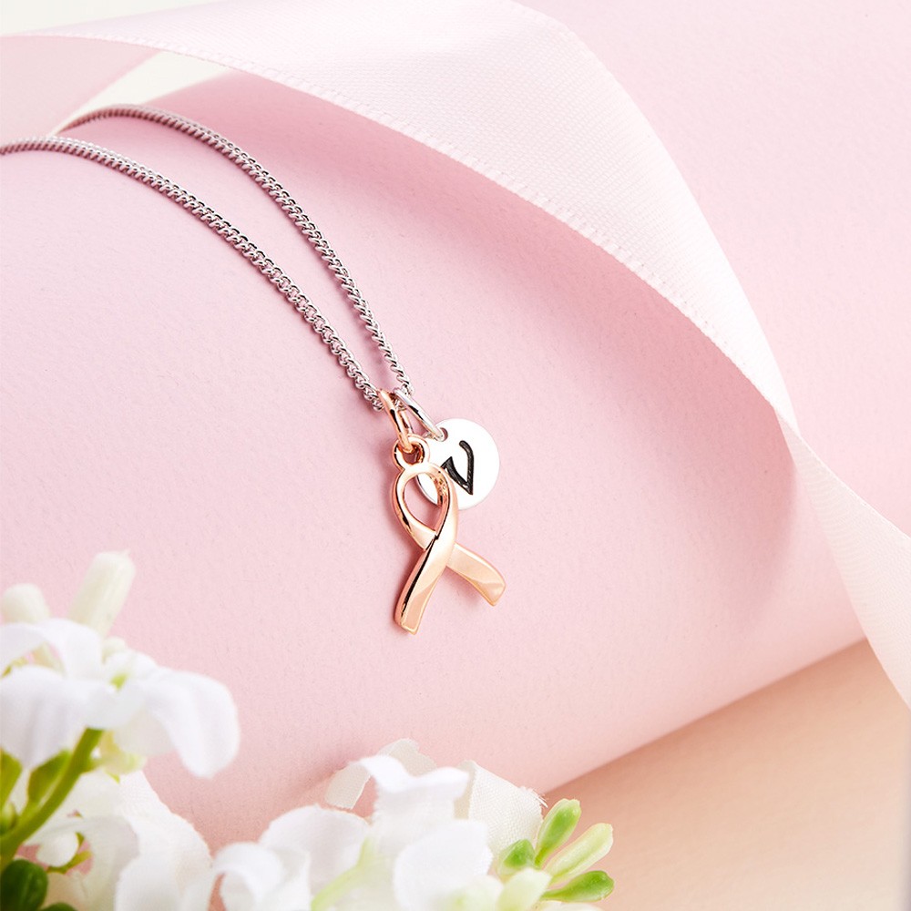Collier personnalisé de survivante du cancer du sein initial en argent sterling, collier de ruban rose de sensibilisation, cadeaux de survivante du cancer pour les femmes