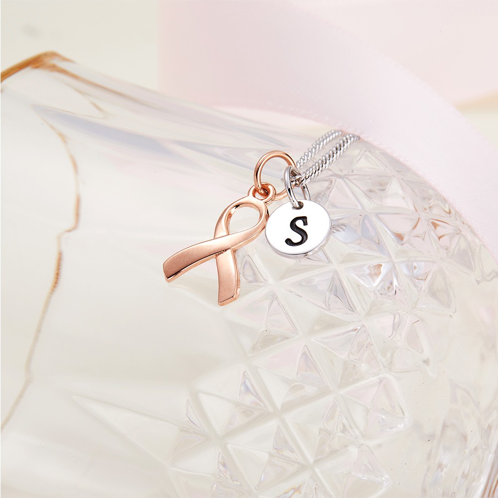 Collier personnalisé de survivante du cancer du sein initial en argent sterling, collier de ruban rose de sensibilisation, cadeaux de survivante du cancer pour les femmes