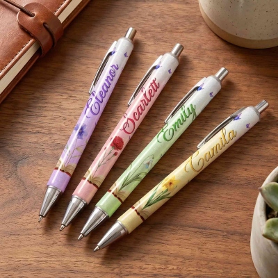 Personalized Name Birth Flower Book Design Gel Pen, Retractable Ballpoint Pen, Birthday/Graduation/Back to School Gift for Students/Teachers/Women