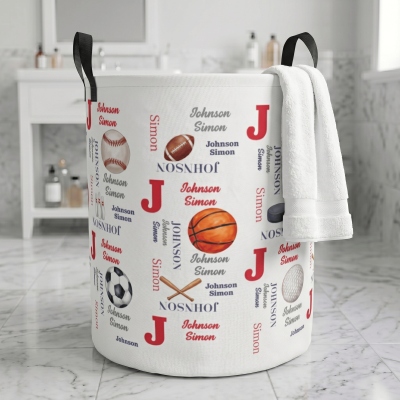 Personalized Name Alphabet Sports Ball Word Cloud Storage Basket with Handles, Large Capacity Toy Laundry Basket, Gift for Kids/Sports Lovers
