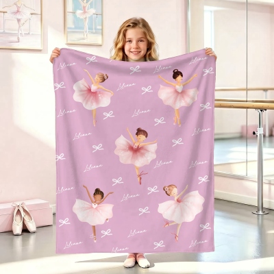 Personalized Cartoon Ballerina Girl & Bow Blanket with Name, Flannel/Sherpa Soft Bed Couch Throw, Home Decor, Birthday Gift for Girls/Ballet Lovers