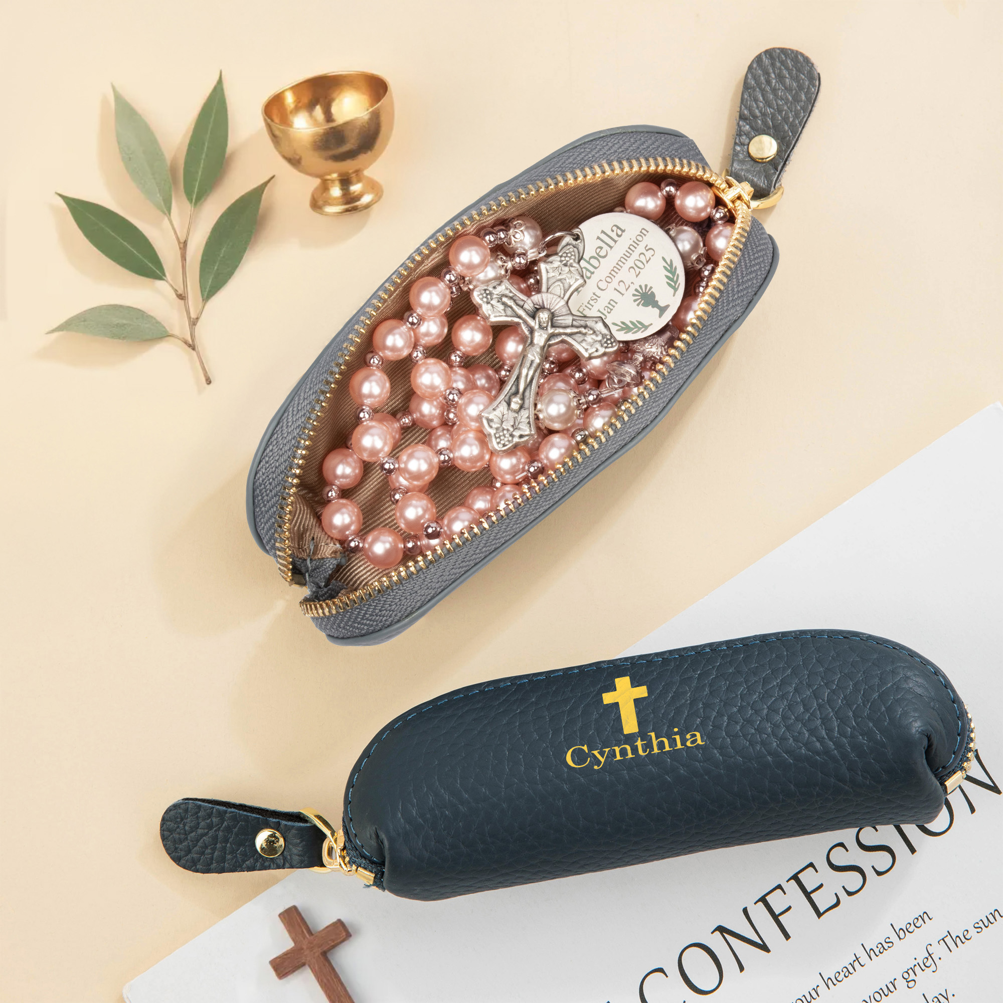 Personalized Name Cross Rosary Bag, Portable Multicolor Mini