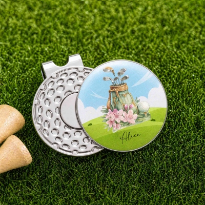Custom Name Birth Flower Golf Cart Bag & Clubs Design Golf Ball Marker, Magnetic Hat Clip, Golf Accessories, Gift for Women Golf Lovers/Players