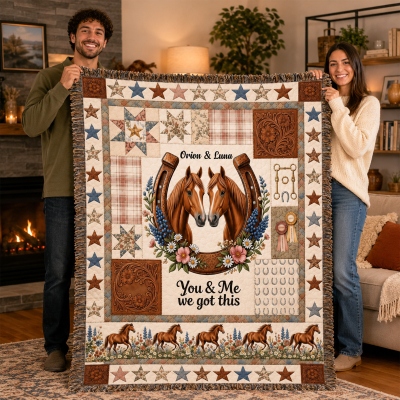 Custom Names Western Horseshoe Couple Blanket with Tassels, Flannel Bed Couch Throw, Anniversary/Valentine's Day/Wedding Gift for Couple/Newlyweds
