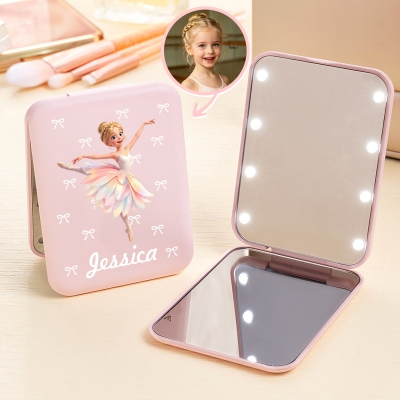 Personalized Cartoon Ballet Girl Birth Flower Double-Sided Makeup Mirror with Name and LED Light, Birthday Gift for Ballet Dancer Lover
