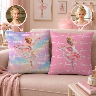 Personalized Birth Flower 3D-Effect Artwork Cartoon Ballet Girl Soft Throw Pillow Cover with Name, Home Decor, Birthday Gift for Ballerina Dancer Girl