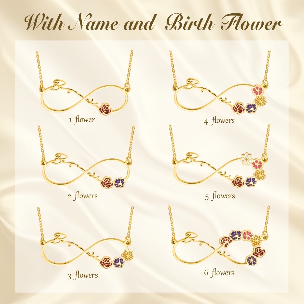 Personalized Birth Flower Infinity Necklace with Name, Custom Colorful Bouquet Family Jewelry, Mother's Day/Birthday Gift for Mom/Daughter/Women