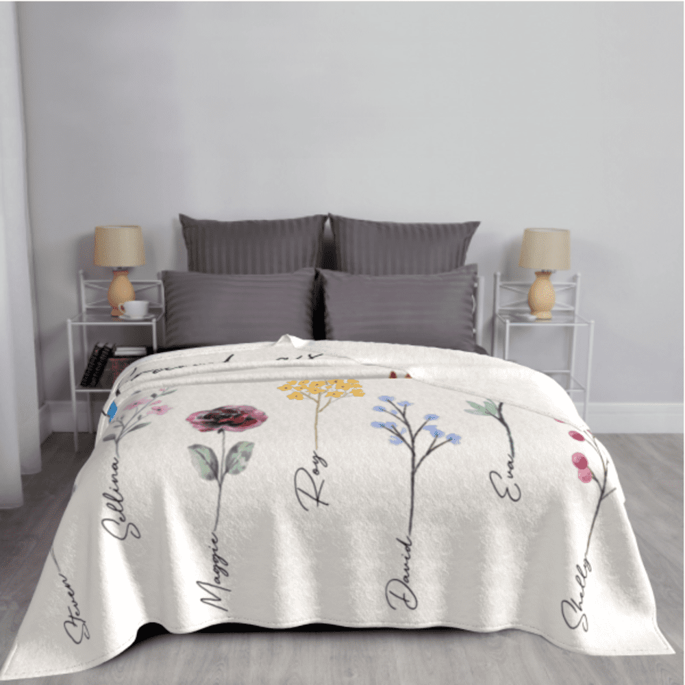 Couverture de jardin de grand-mère personnalisée avec des fleurs de mois de naissance et des noms de petits-enfants, couvertures personnalisées