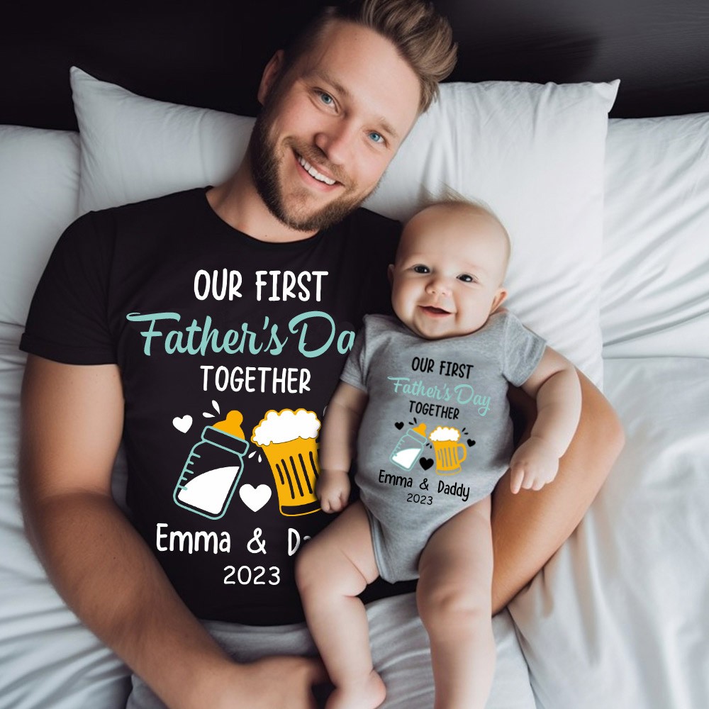 Chemises personnalisées assorties à la bière et à la bouteille, chemise de notre première fête des pères ensemble, body en coton, chemise père et bébé, cadeau de fête des pères pour papa