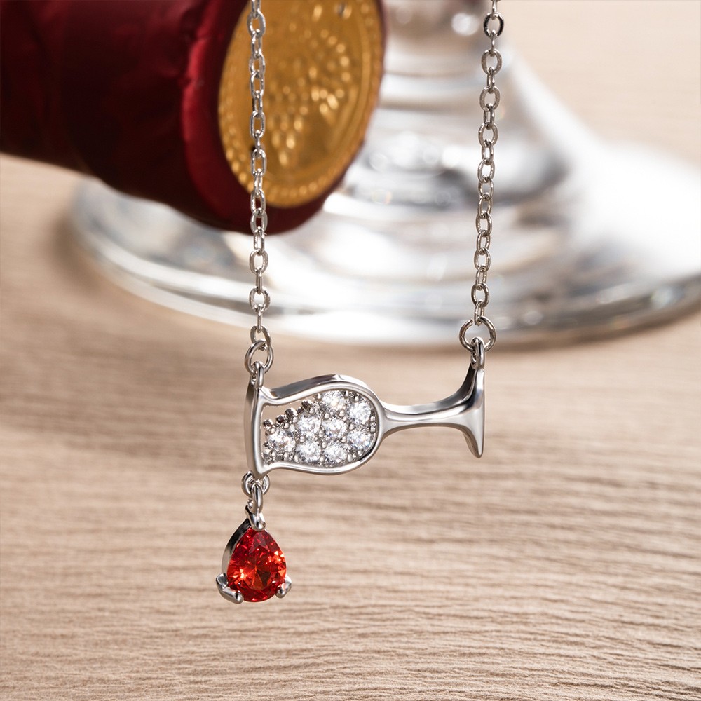 Wine Glass Ruby Birthstone Necklace, Wine Bottle Cup Cubic Zircon Pendant Necklace, Birthday Gift for Women/Wine Lover/Bartender