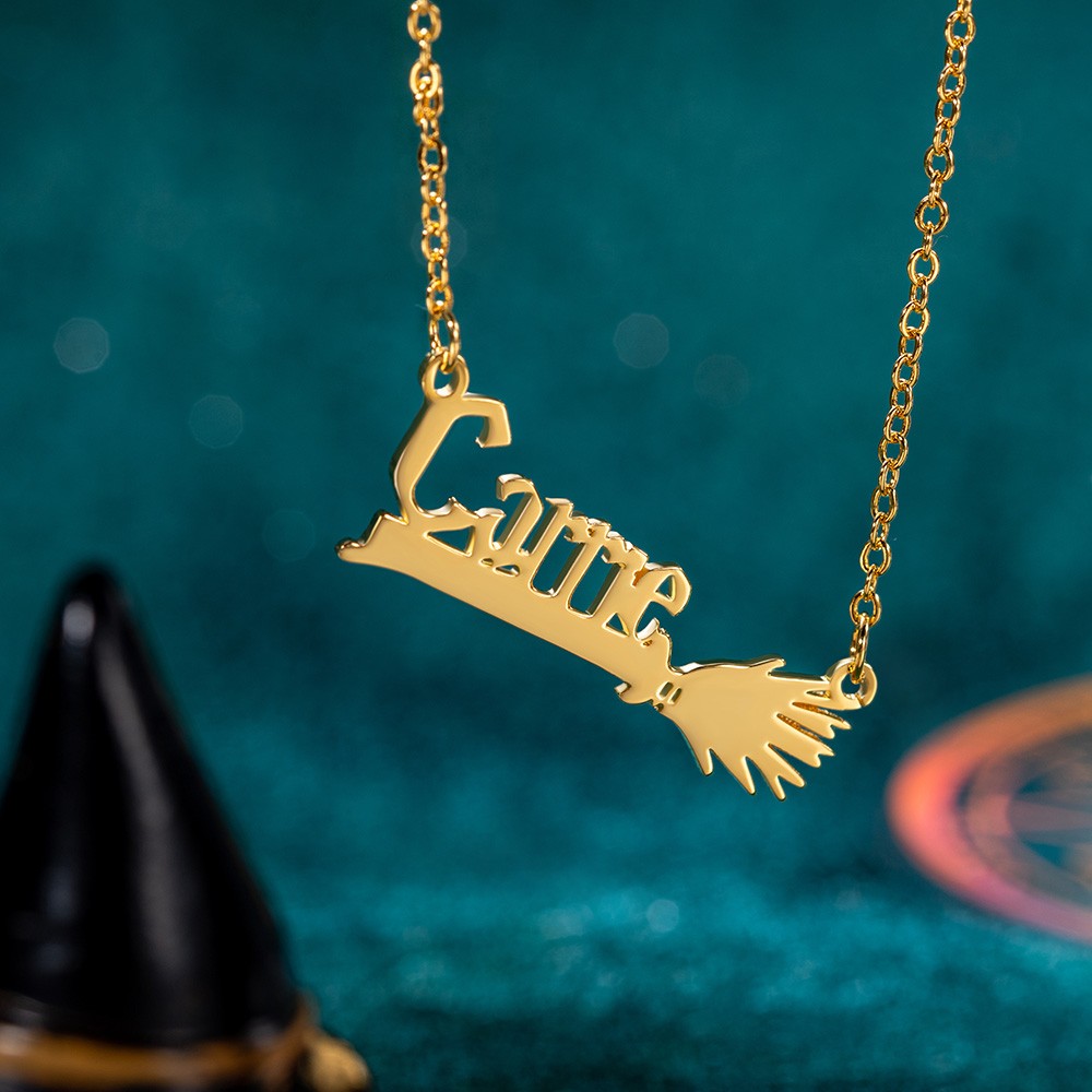 Custom Name Witch Broom Necklace, Magic Broom Name Pendant Chain, Sterling Silver 925 Jewelry, Birthday/Christmas/Anniversary Gift for Women/Girls