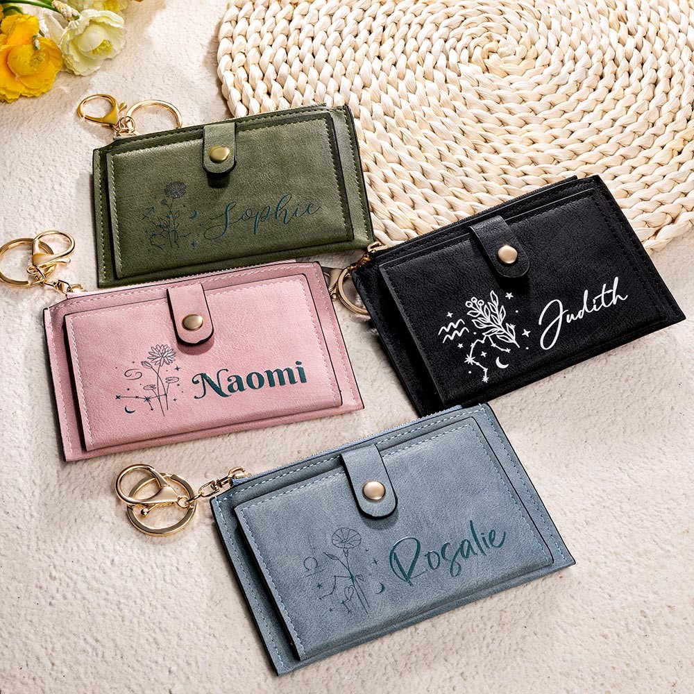 Mini portefeuille personnalisé en forme de fleur du mois du zodiaque avec nom, portefeuille en cuir PU avec porte-clés, porte-cartes, cadeau de fête des mères/Noël pour femme