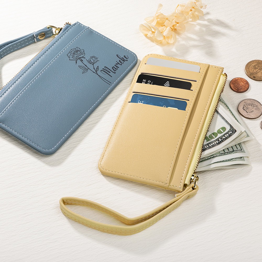 Personalized Birth Flower Zipped Card Holder with Name, Monogram Vegan Leather Coin Purse, Women's Wallet, Mother's Day/Bridesmaid Gift for Women