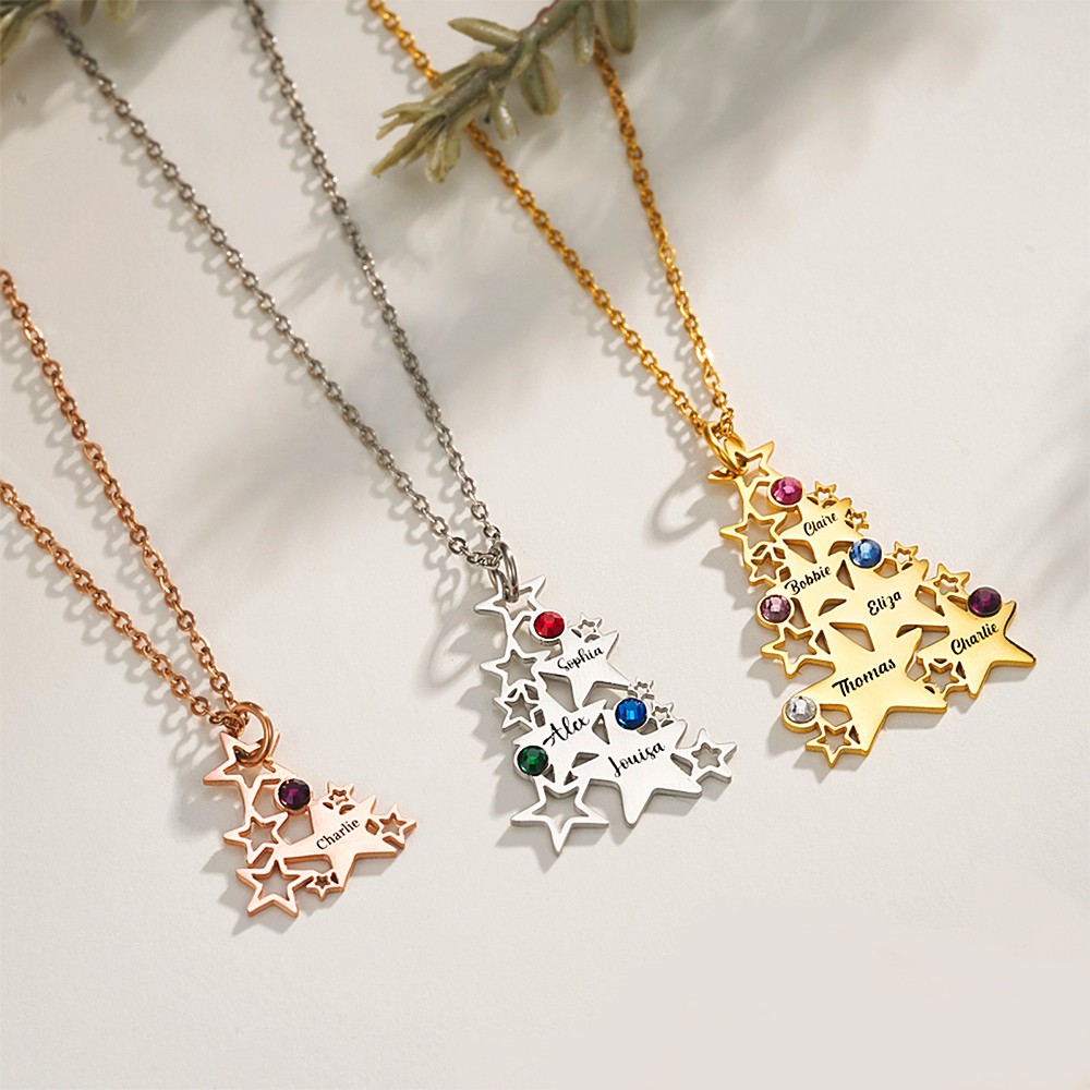 collier étoile de sapin de Noël avec 1 à 5 noms et pierres de naissance