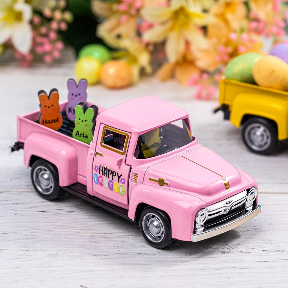 Custom Easter Truck with Eggs/Carrots Pink Vintage Farm Pickup Farmhouse Tabletop Tiered Tray Decor Home Kitchen Happy Spring Mini Decorations